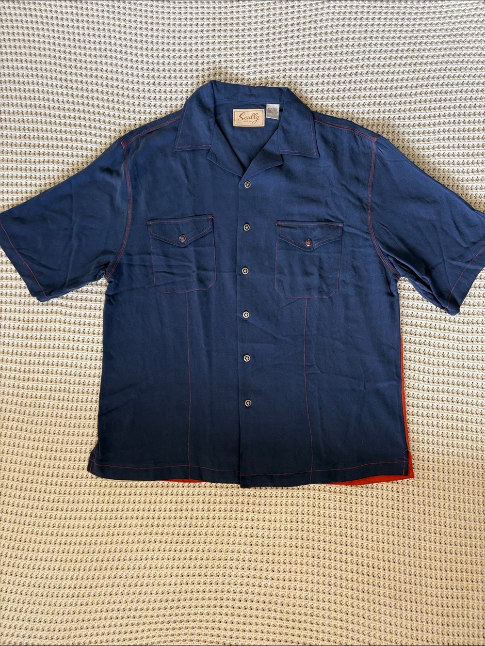 100% Silk 
Vintage Scully Navy Short-Sleeve Button-Down Shirt